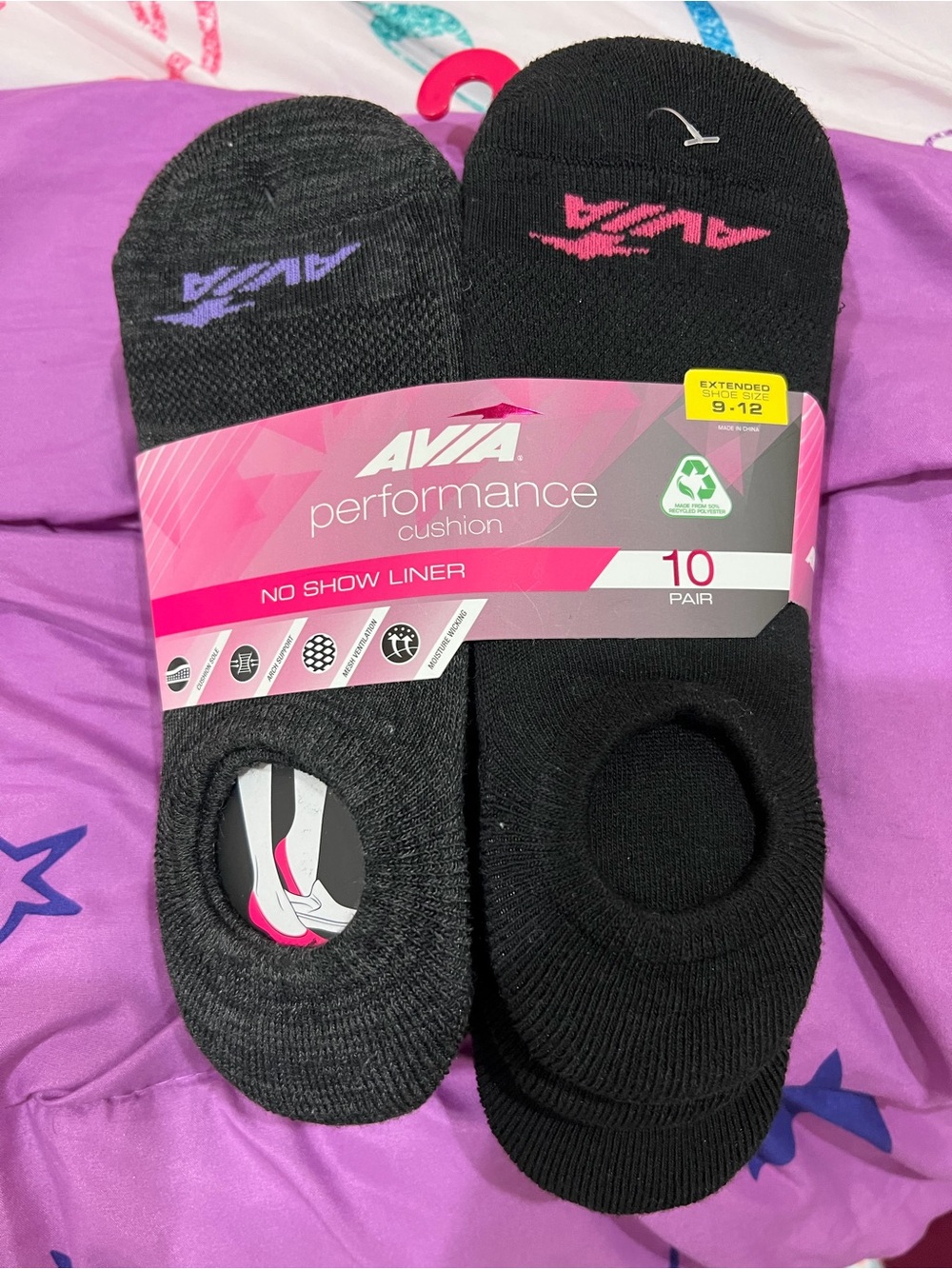 Avia No-Show Performance Cushion Liner Socks - Black & Gray Size 9-12